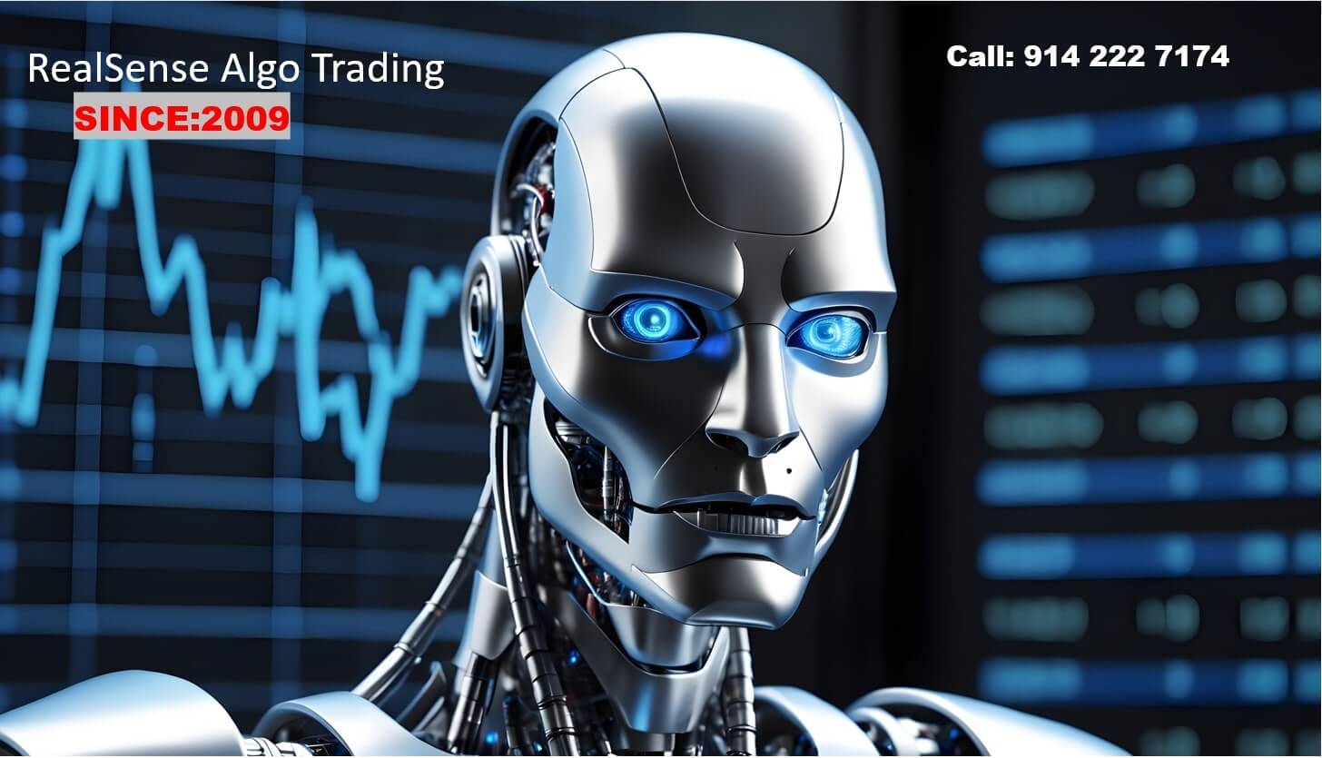 Sleek, metallic Robo Traders in India (2024) head with glowing blue eyes analyzes stock chart with lines and graphs.